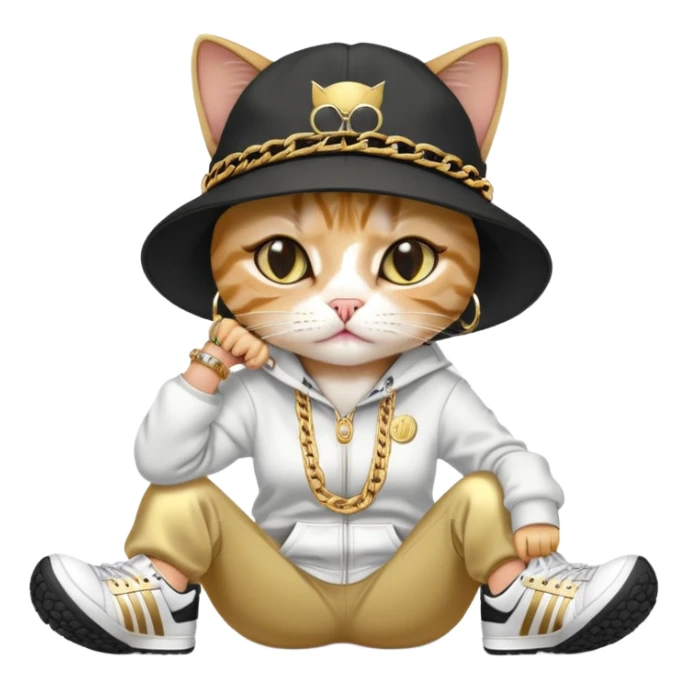 female cat lying horizontally on the ground, crying, dressed like Run DMC with tracksuit, fedora, Adidas shoes, lots of gold chains, rings, bracelets, earrings, no sunglasses sticker