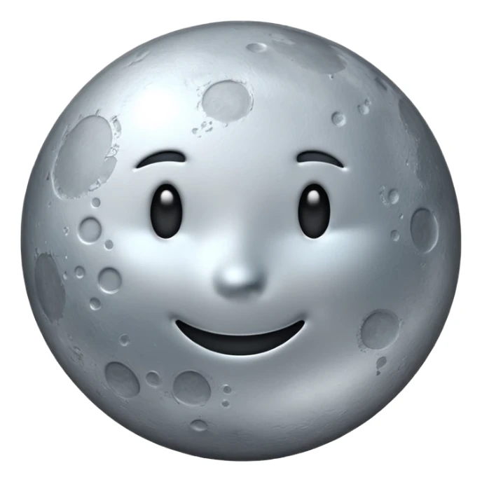 Polished silver moon emoji, chrome metallic texture, iOS emoji style, soft glow, smooth reflections, minimalistic design sticker