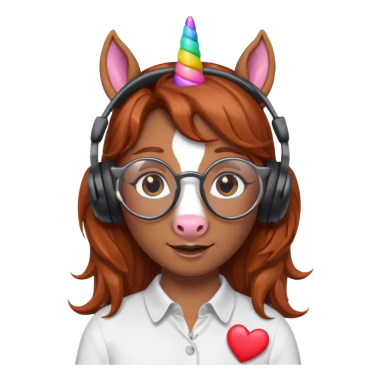 headphone wearing unicorn with dark ginger hair and heart shaped spectacles sticker