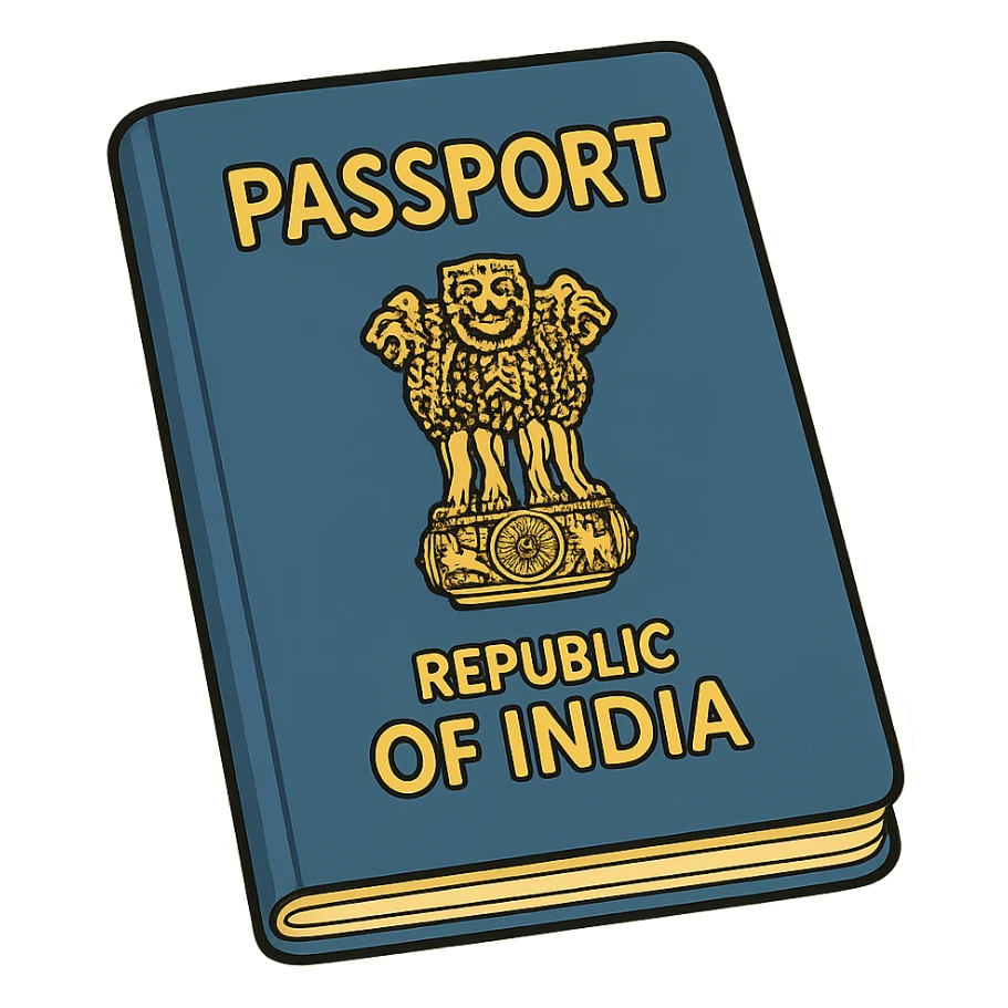 cartoon style Indian passport, blue cover with gold emblem, slightly tilted sticker