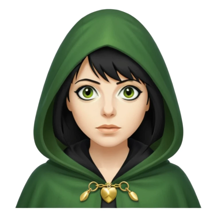 claudia winkleman as a traitor with a green hooded cloak with a gold clasp and dark strong black eyeliner sticker