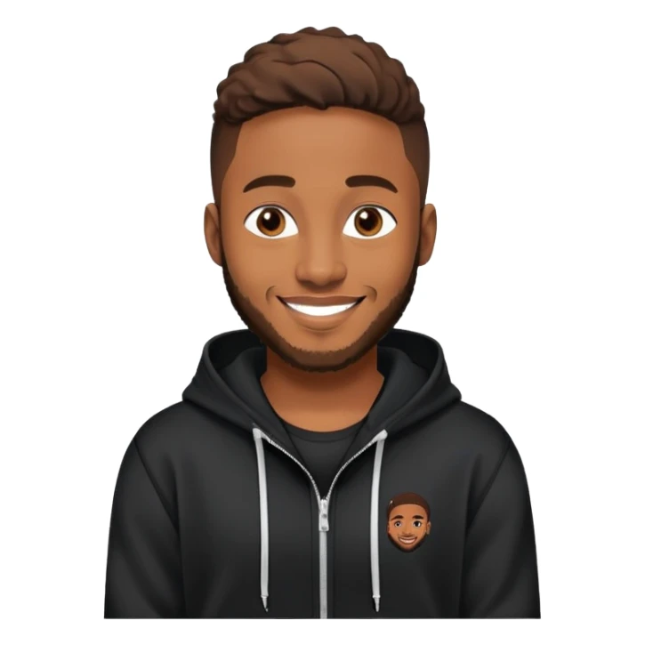 African yound man in his late 20s with a  bright smile with a short boxed beard, and a low cut hair, looking like davido the musician black hoody sticker