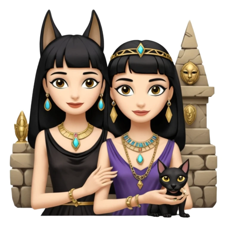 Smiling Witchy-mannered smoky-evil-eyed real Audrey Hepburn cleopatra Protecting silky black-haired tiny chained-princess-adorned statuette-scale Anubis dessert scenery stone-age cracked irregular dwelling  sticker