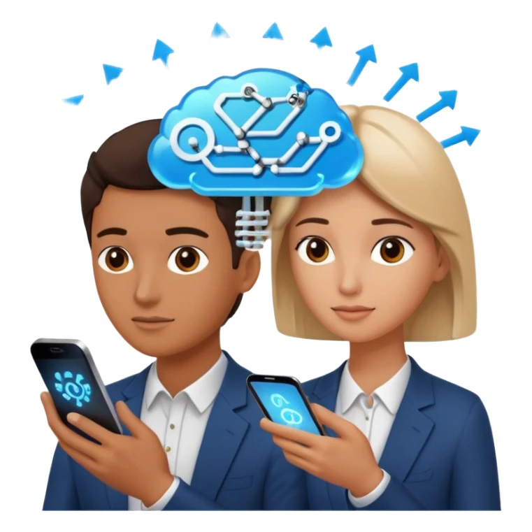 Generate a realistic emoji of a two people using a phone which shows artificial intelligence. Out of the phone is coming 3d ideas and electric symbols and a lot of small ideas popping up sticker