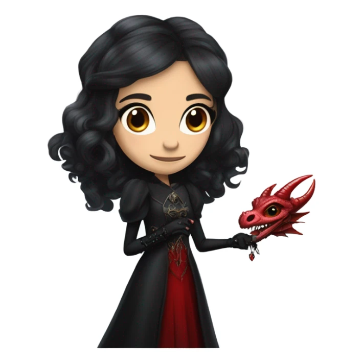 surprised Lavish black evening gown with see-through gloves, Jenna Ortega as Addams girl Jedi wearing a steampunk mini tiara, very large blood red evil-looking horned dragon sticker