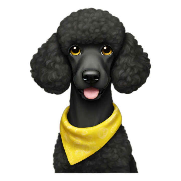 A black standard poodle with a yellow bandana sticker