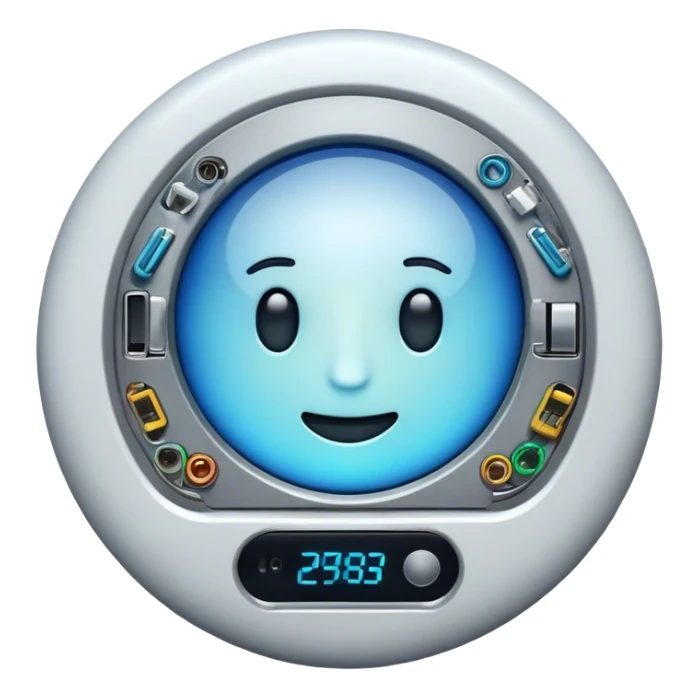 An emoji representing electronics: a round face with stylized details of electronic devices. On its surface or around it, there should be elements such as a smartphone, laptop, refrigerator, TV, wires, and microchips. The style should be modern, with a technological neon or metallic tint. sticker