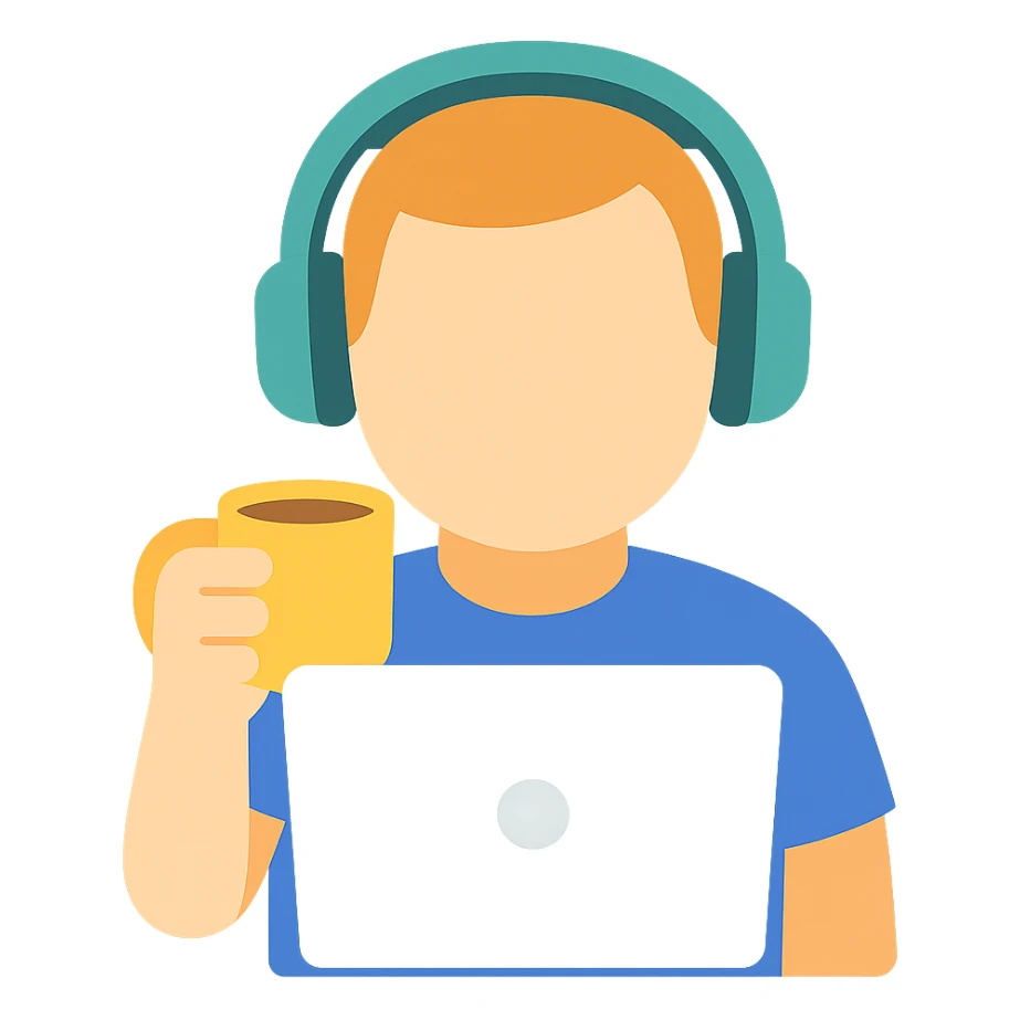 emoji ios 18, guy in headphones at computer, drinking coffee sticker