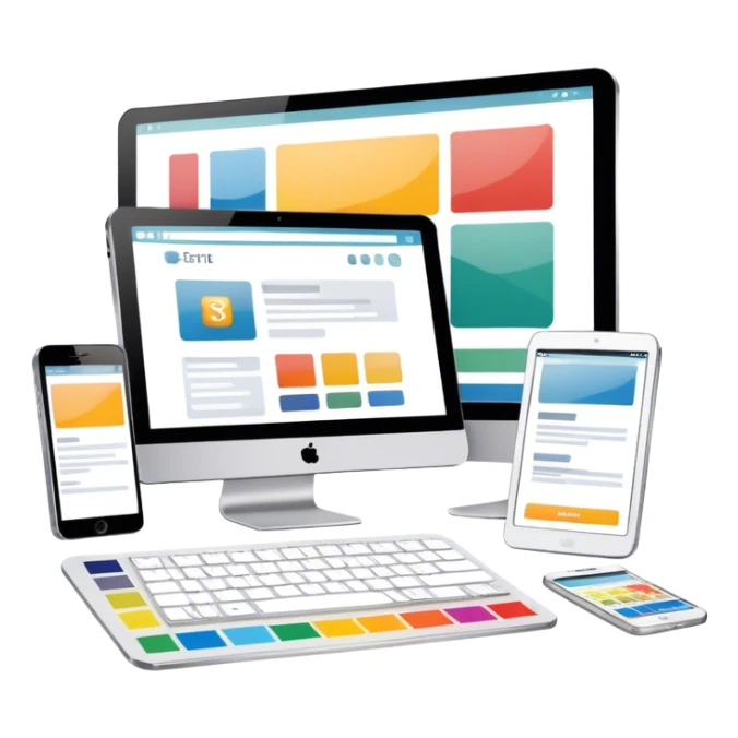 Modern icon for Web Design: a computer and smartphone or tablet screen displaying a website layout, HTML code, and design tools like a stilus and color palette. Transparent background. sticker