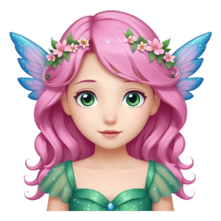 Una ragazza datata, occhi azzurri rosati dolci e aperti, vestito verde come la natura co  altri elementi e fiori rosa, deve avere le ali azzurrine,decorati con fiori e con glitter. O capelli di colore rosa chiaro con in acconciature tipica delle fate, capelli mossi e lunghi sticker