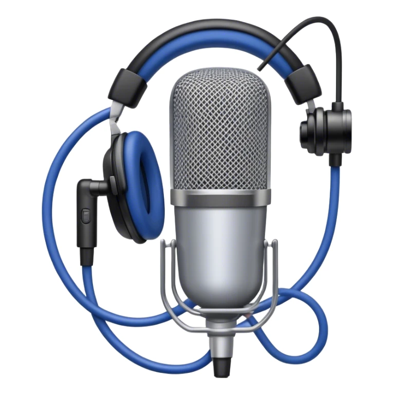 Create a sleek and professional emoji that represents voice acting and dubbing equipment. The design should feature a high-quality microphone, a sound mixer or audio interface, and headphones to symbolize the recording and technical process. Include elements like a soundproof booth or audio cables to reflect the studio environment. Use a modern, clean design with colors like silver, black, and dark blue to represent the professional side of voice acting. The background should be transparent. sticker