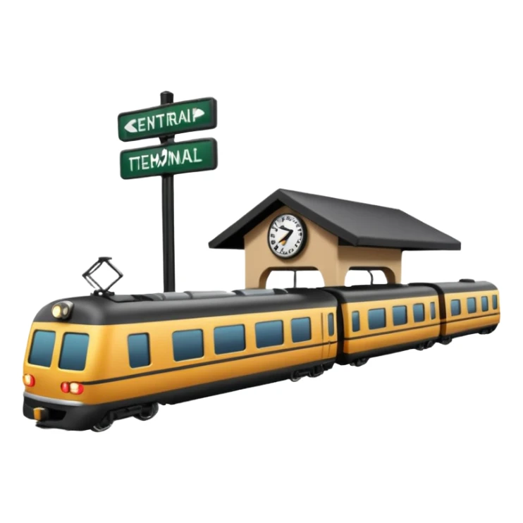A 3D cartoon train terminal with tracks, platform signs, and an arriving train, Memoji-style realism. sticker