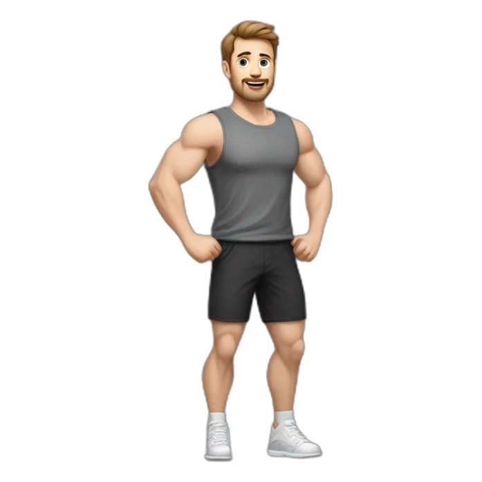 Full height realistic Actively gesturing with hands Pale skinned Fit Man With the biceps and brown hair in dark gray Sleeveless Mike, black oversize sports shorts, watch and white Sneakers sticker
