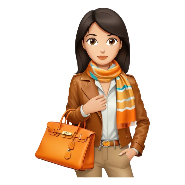 Elegant and tan woman wearing a leather Hermes jacket and a multicolored silk scarf around her neck. She has an orange Hermes Birkin Bag. I want the image to be close up, starting from the waist up.  sticker