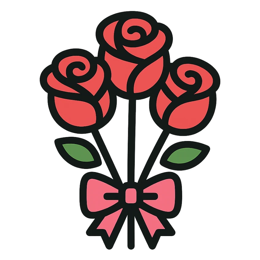 minimalist bouquet of roses with pink-reddish ribbon sticker