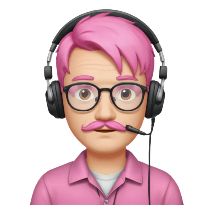 headphone and spectacles, mustached pink hair man, no mic sticker