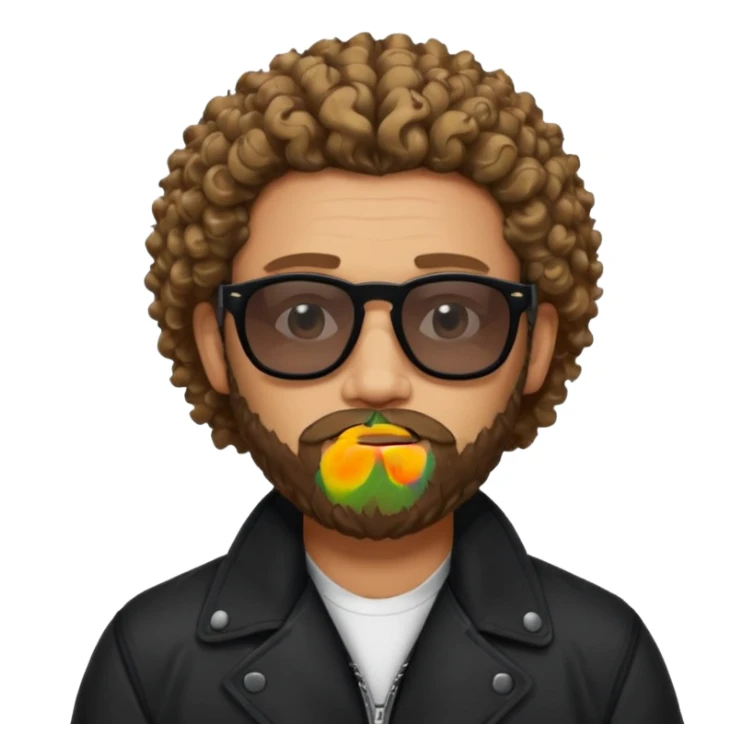 biker gang with black sunglass and rugged and bulky guy bearded curly hair black jacket one gay sticker