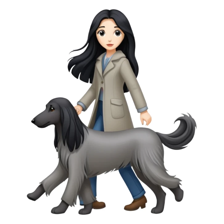 A girl with long black hair walks a gray Afghan hound sticker