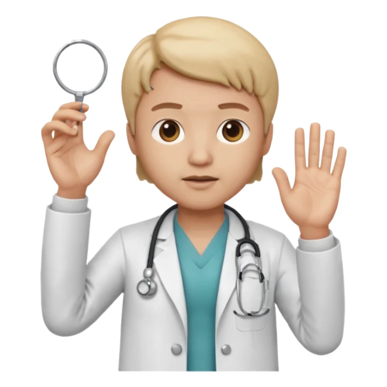 3D memoji doctor, hand raised forward in stop gesture, serious face, educational tone, white coat, stethoscope visible, centered, transparent PNG sticker