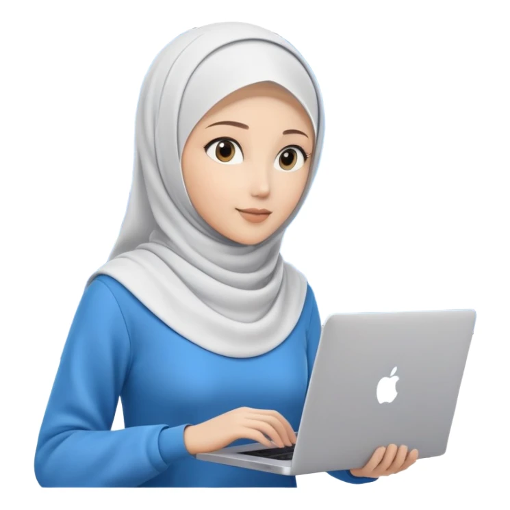 computer engineer with white hijab wearing blue outfit, no glasses, presenting her metaverse creation with a large digital screen behind her displaying virtual worlds and code, laptop open in front of her showing programming interface sticker