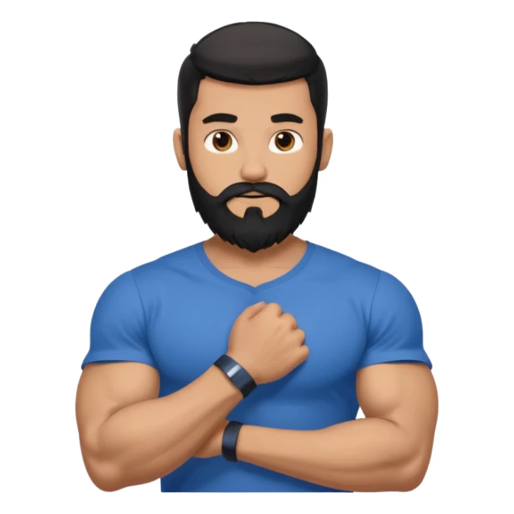 generate an ios genmoji of a 20 year old tan boy with long long long black beard that reaches his chest. Big biceps. wearing a blue shirt that fits his arms sticker