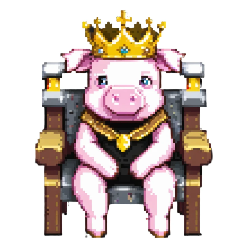 Minecraft style pig with a golden crown sitting on a throne, inspired by Technoblade sticker