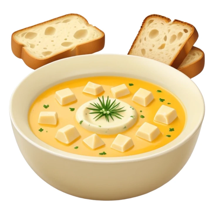 cheese soup with garlic, and cubes of dry dark bread in bowl sticker