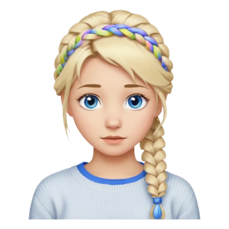 Blonde girl with messy braid in and a white sweater with blue eyes sticker
