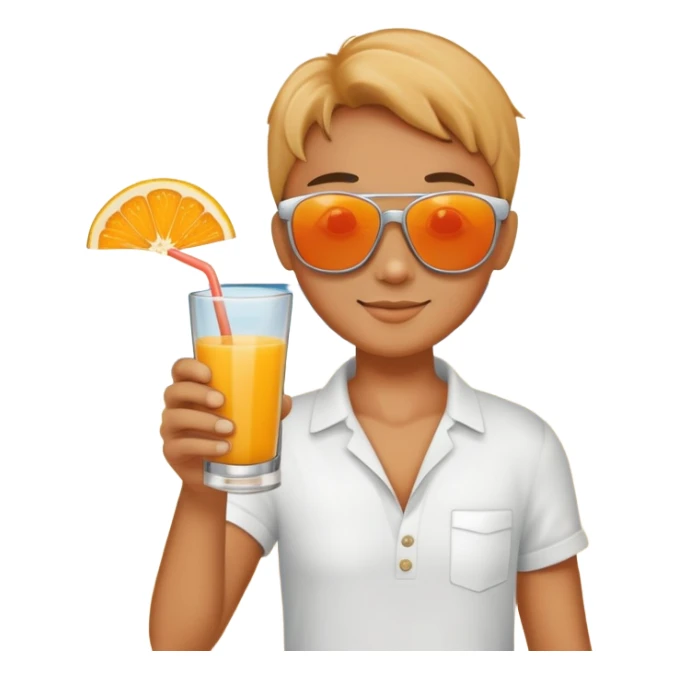 a hand holding fruit juice, wearing sunglasses, with a beach background sticker