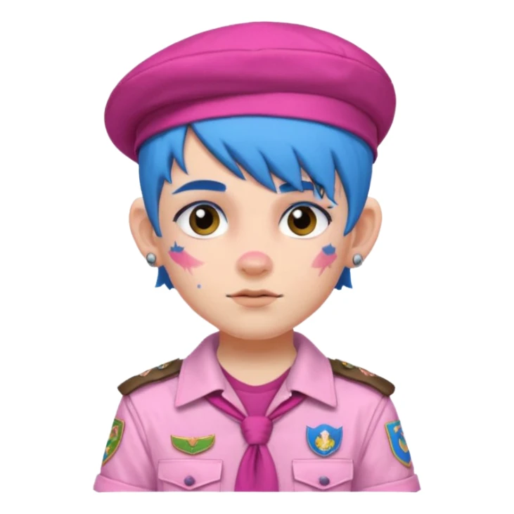 scout boy with very pink scout uniform, blue haired and hat, heavy face attoed sticker