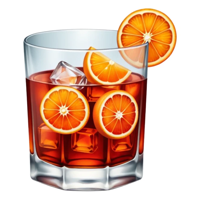 A short glass with bright red Negroni, ice cubes, and an orange wedge on top. sticker