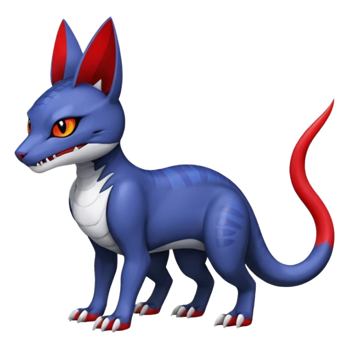 midnight blue-gray-black, with red markings, white belly, scaley Bastet-Noibat-Gatomon-Garchomp-Digimon-Fakémon-Pokémon-creature (full body) sticker