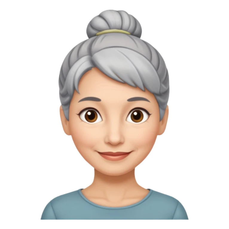 50 y.o. woman grey hair, subtle smile, hair in a bun  sticker