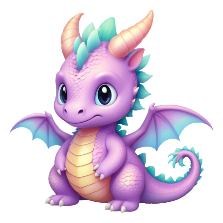 Cinematic fluffy pastel dragon, tiny round wings, chubby feet, sparkling gentle eyes, delicate glowing scales, soft colors blending magically, enchanting and whimsical. sticker