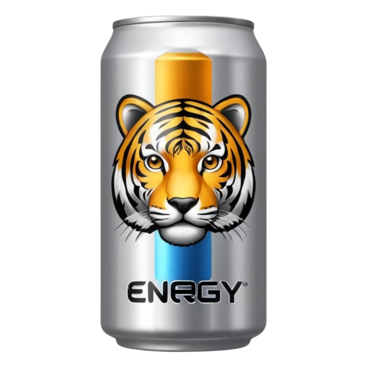 energy drink with with silver background color and a tiger on it also have sign and written as like energy drinks sticker