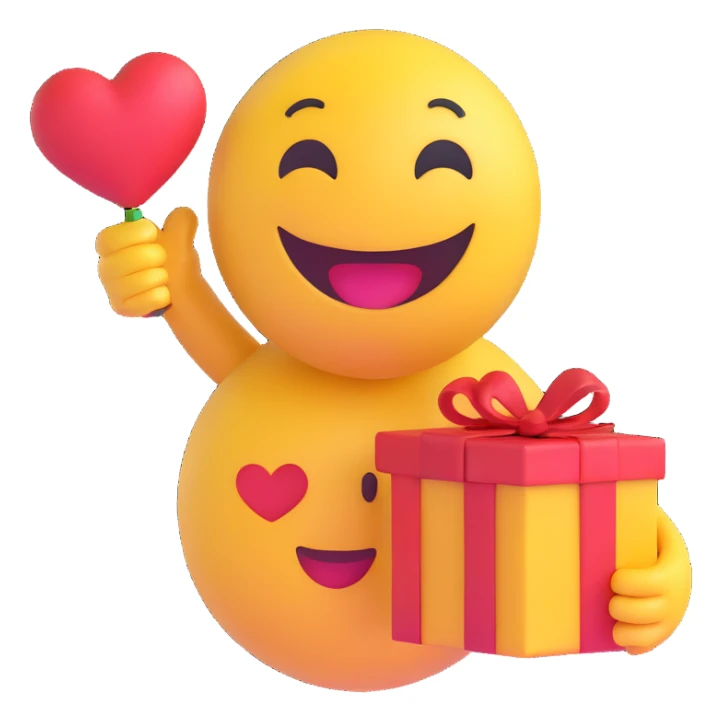 3D smiley emoji, round shape, in love, holding a gift, smiling face, no body sticker