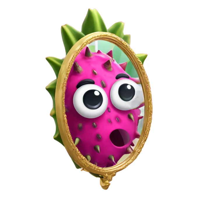 3D elegant Pitahaya with large shiny eyes 👀 Pitahaya hand holds the mirror with its reflection 🪞 sticker