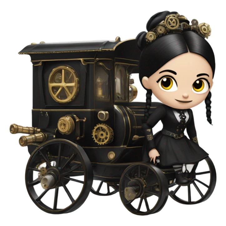 Wednesday Addams riding in a bright steampunk electric wagon sticker