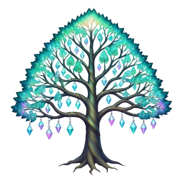 Spiritual magical ethereal iridescent tree with crystals hanging in it sticker