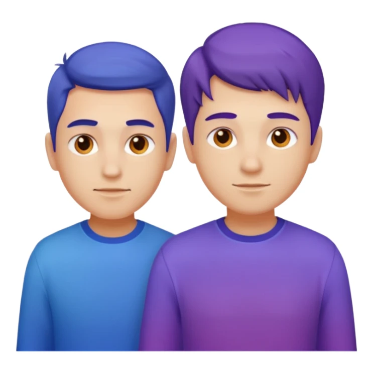 Keep the two male characters realistic, no simplification. Recolor their clothes into the gradient palette (blue, violet, orange), matching the style of the travel emoji pack. White or transparent background. sticker