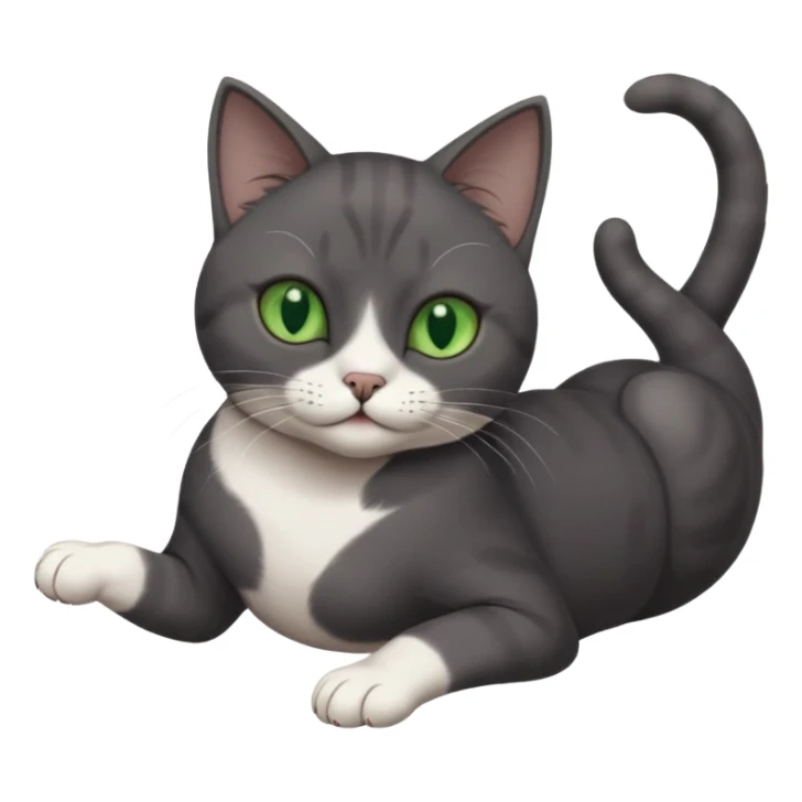dark grey cat with green eyes, white toes/paws and white patch on her chest playfully rolling upside down sticker