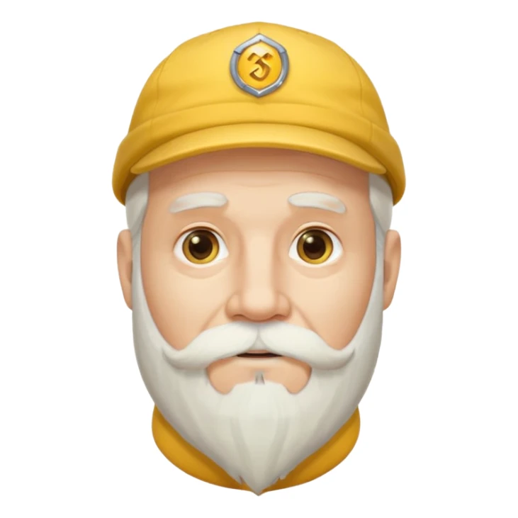 older man with long white beard and cap with yellow 'M', focus on face and beard, Apple-style emoji sticker
