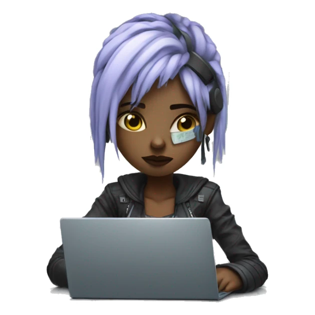 Sad cyberpunk girl working it office with laptop sticker