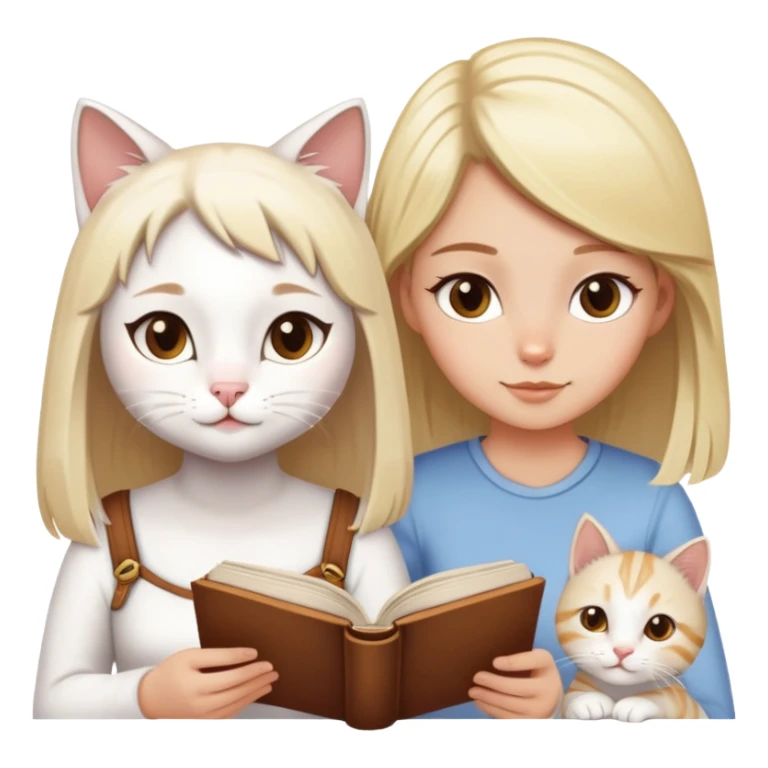Un gato blanco con manchas atigradas leyendo un libro junto a una chica rubia de ojos marrones sticker