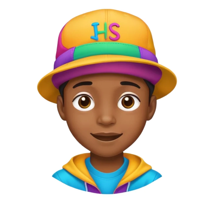 black kid with a colorful hiphop hat, happy face sticker