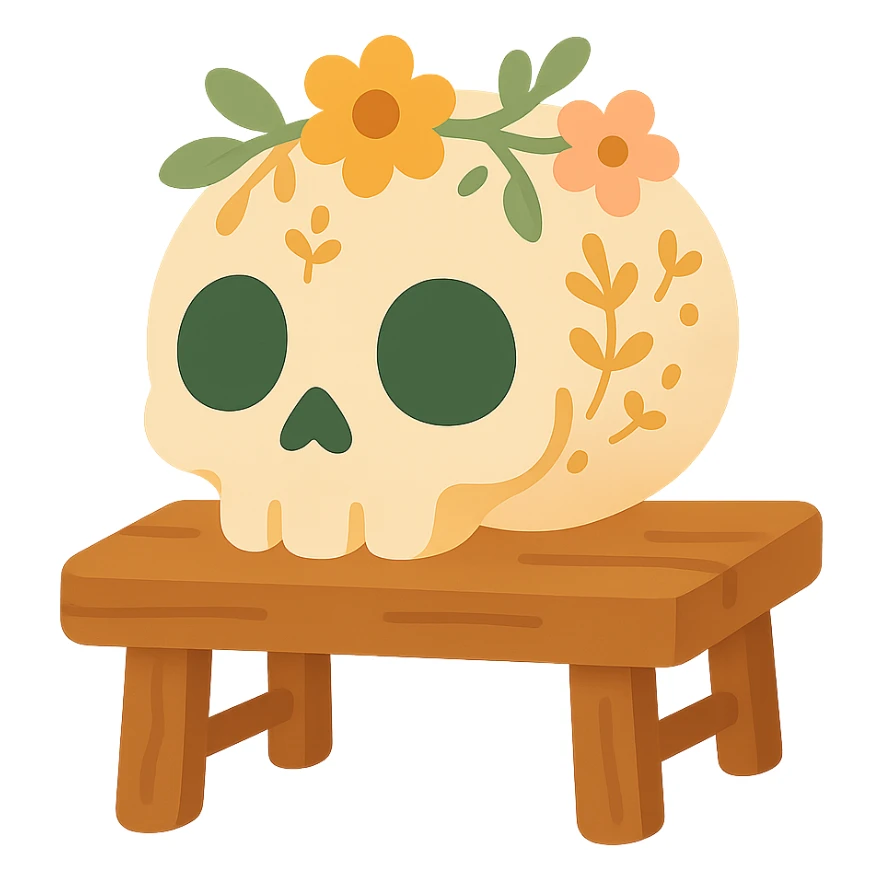 "A cute, whimsical skull resting gently on a wooden table, styled with a warm and soft color palette: golden orange (FA9B41), deep forest green (4A7C5C), muted taupe brown (96775A), and pastel peach (FFCC9A). The skull has rounded, friendly features and big, expressive eye sockets, giving it a sweet and non-threatening appearance. It is decorated with small floral or leafy patterns, and perhaps a tiny flower crown or ribbon in peach or green tones. The wooden table has a rustic charm, and the lighting is warm and magical, with gentle shadows and a cozy, storybook-like atmosphere. The overall scene feels enchanting, calm, and charming sticker