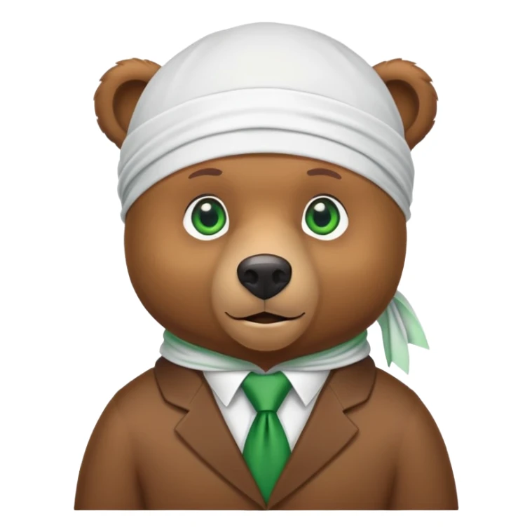 Cool brown bear with confident expression and green eyes wearing a crisp white durag with the ties showing, iOS emoji style sticker