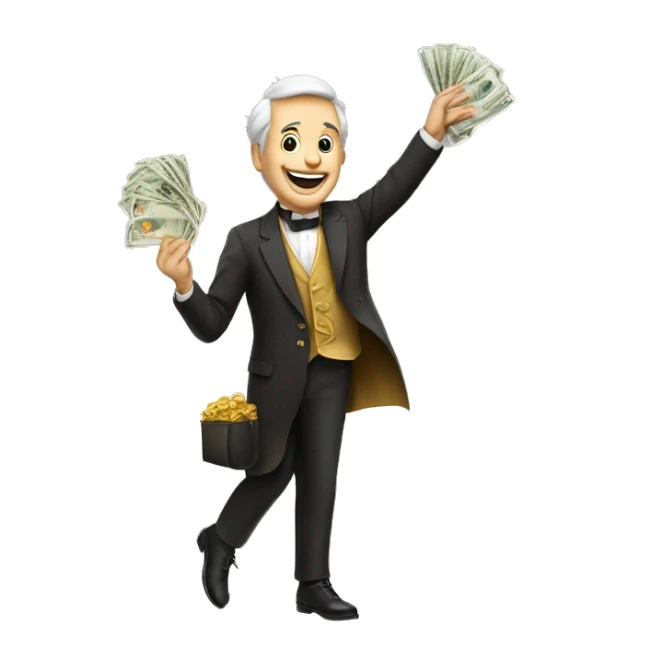 homme riche tient des billets dans ses mains et saute de joie sticker