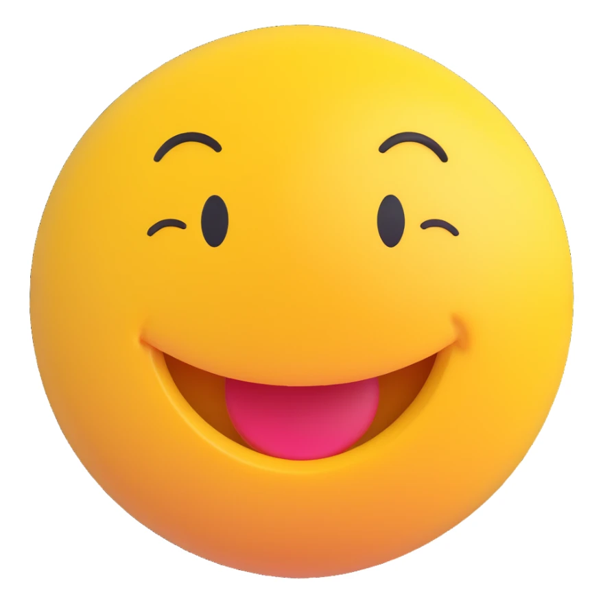3D smiley emoji, round shape, yellow color, with text 'köszi', grateful face sticker