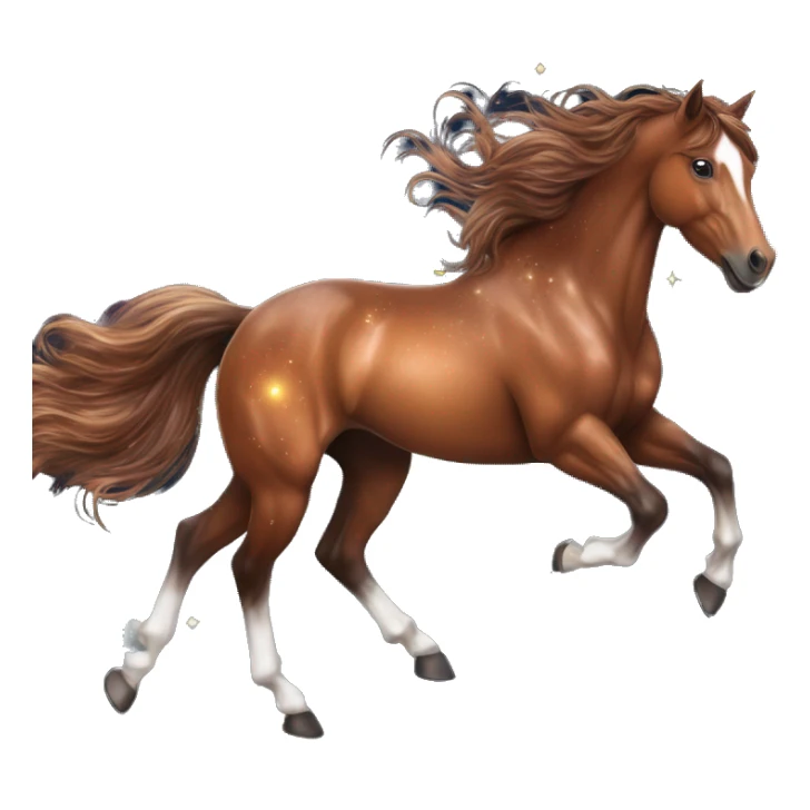Ethereal glittering iridescent rich chestnut brown brindle horse galloping through constellations and nebulas, unicorn Pegasus sticker